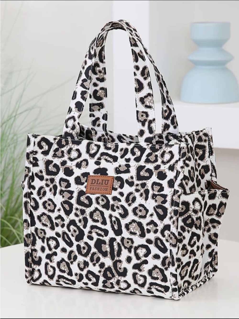 White Leopard Print Tote Bag Purse Lunch Bag - White/Black
